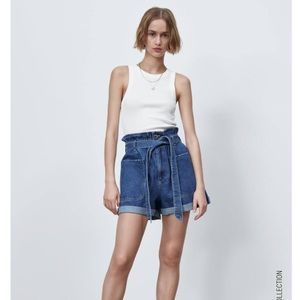 Zara Denim Shorts Elastic Waist Belted Sz 8